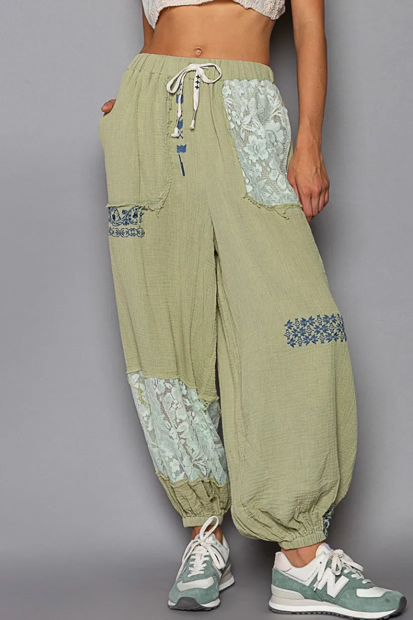 I’m So Fly Gauze   Lace Embroidered Slouchy Jogger Pants