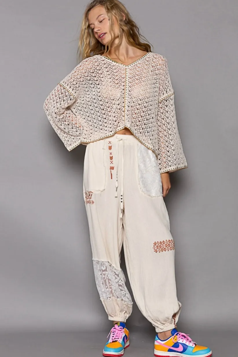 I’m So Fly Gauze   Lace Embroidered Slouchy Jogger Pants