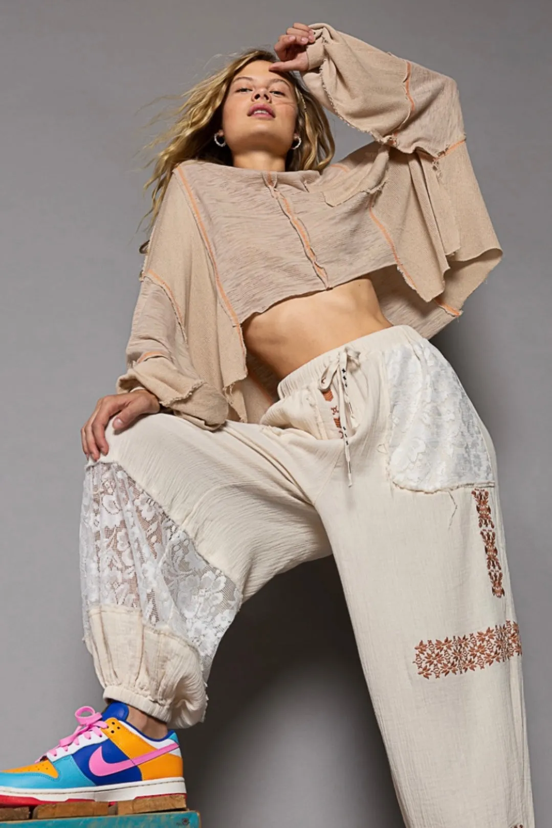 I’m So Fly Gauze   Lace Embroidered Slouchy Jogger Pants