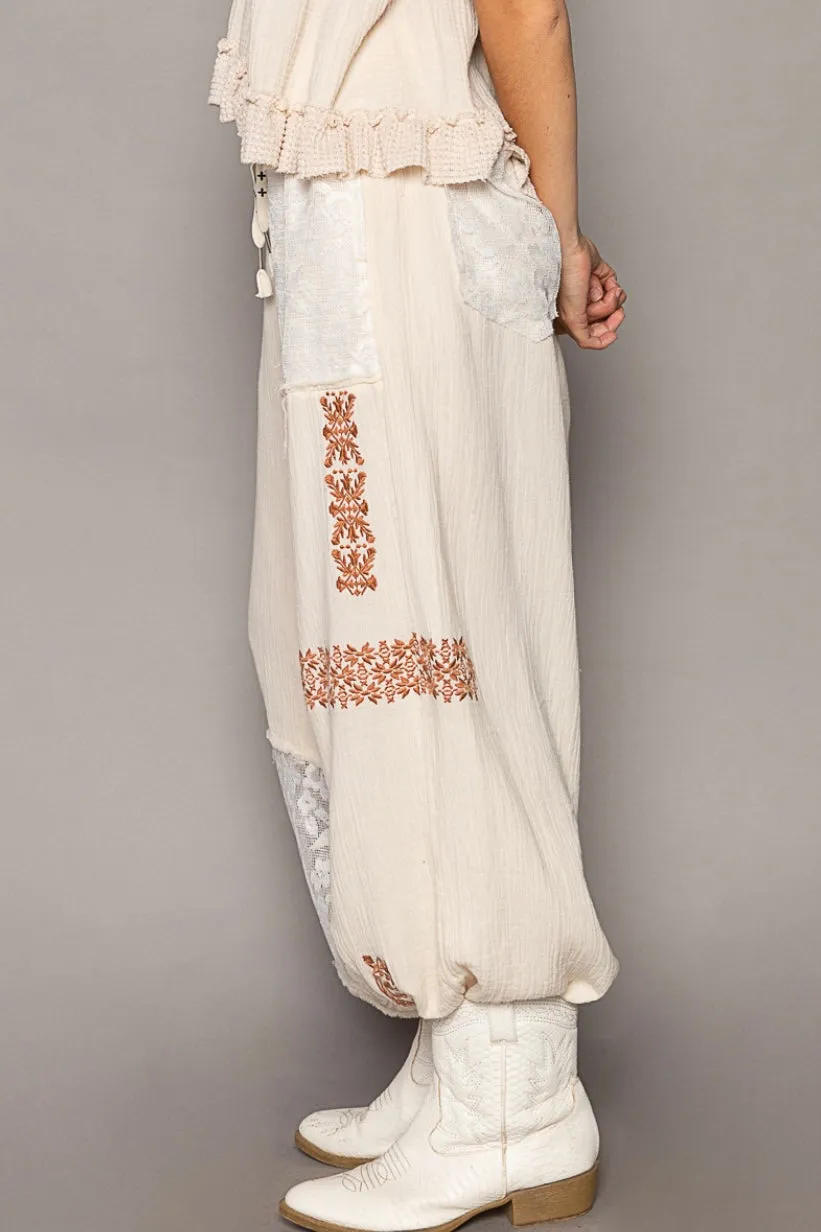 I’m So Fly Gauze   Lace Embroidered Slouchy Jogger Pants