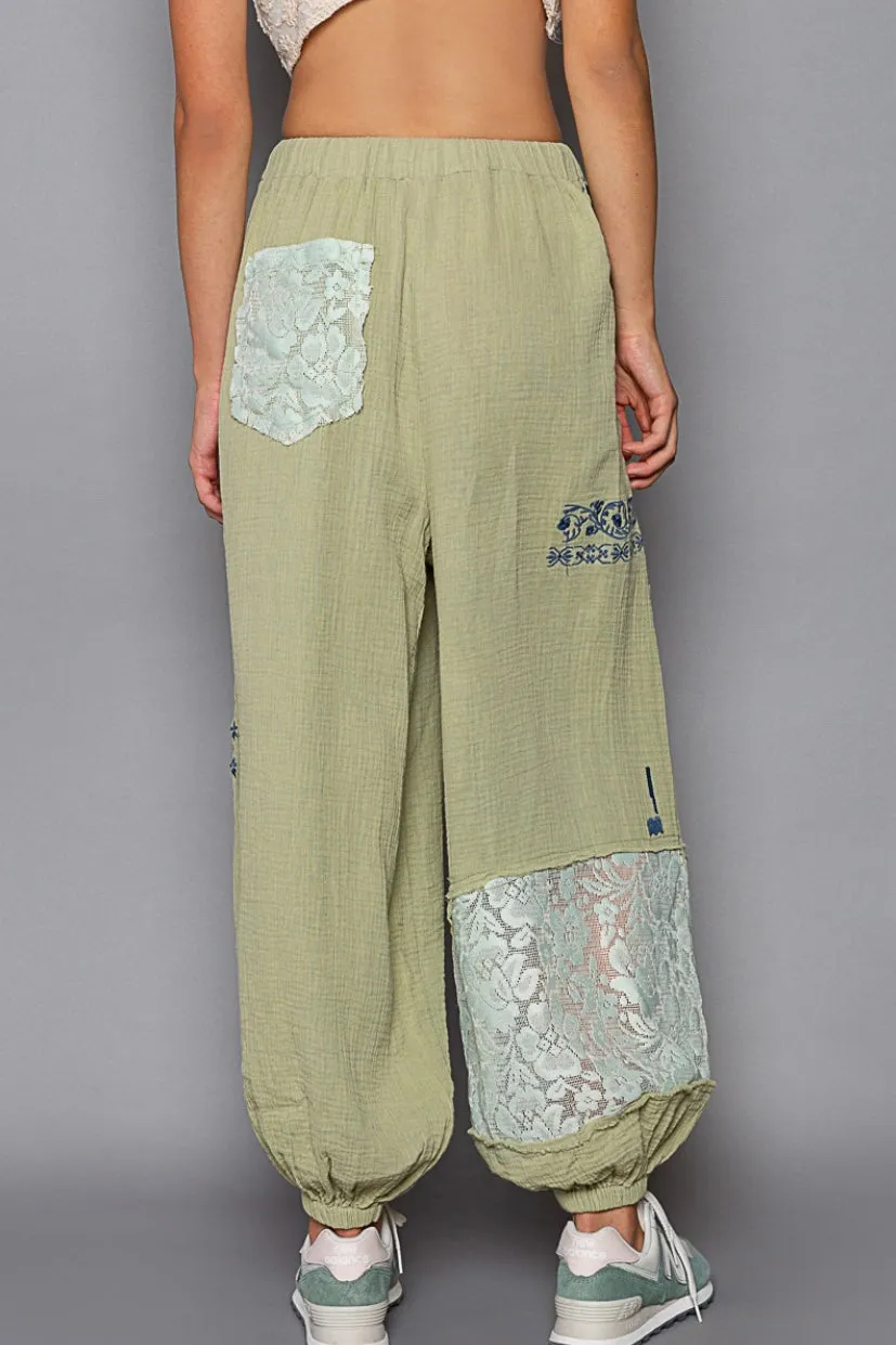 I’m So Fly Gauze   Lace Embroidered Slouchy Jogger Pants