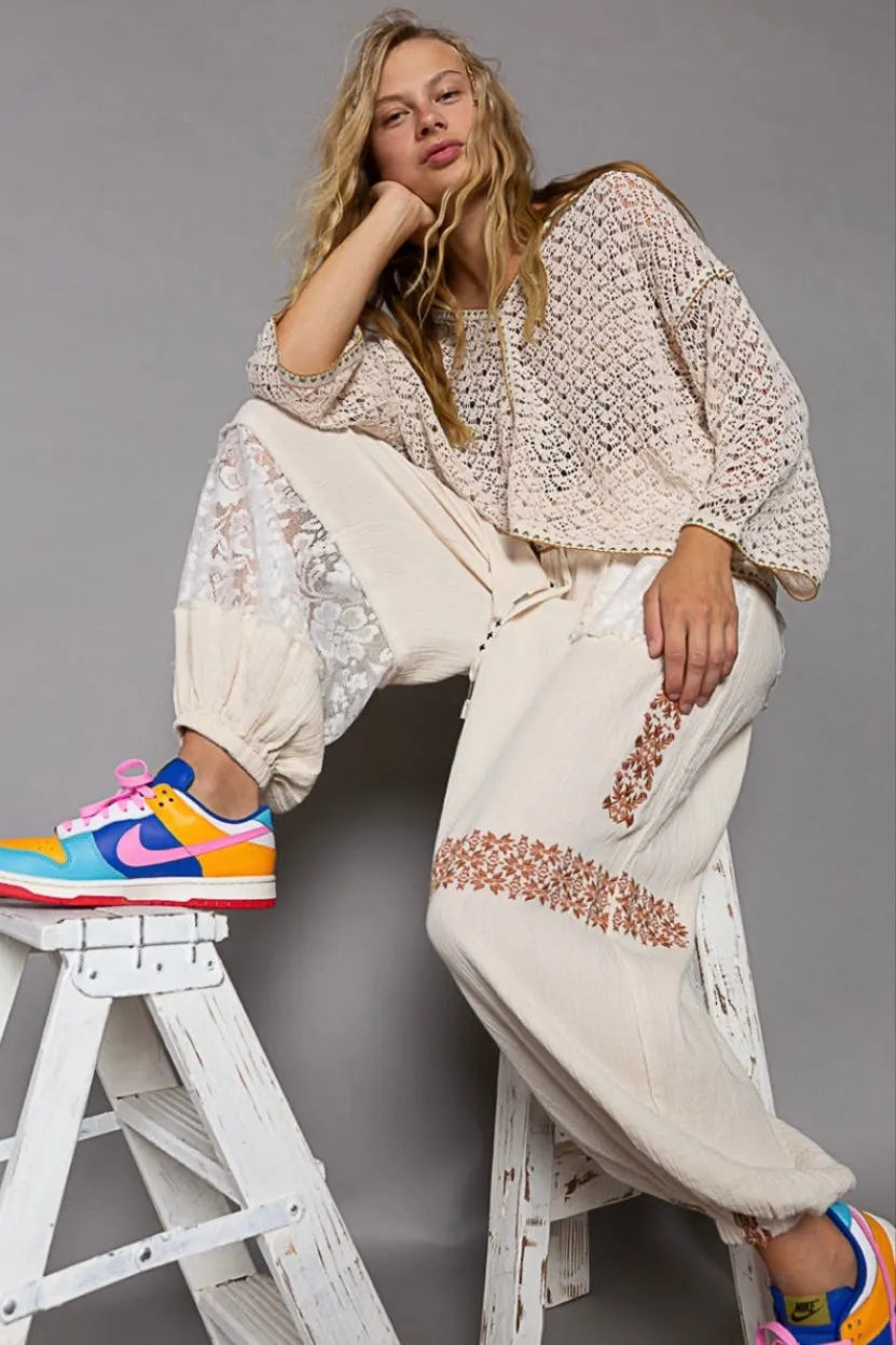 I’m So Fly Gauze   Lace Embroidered Slouchy Jogger Pants