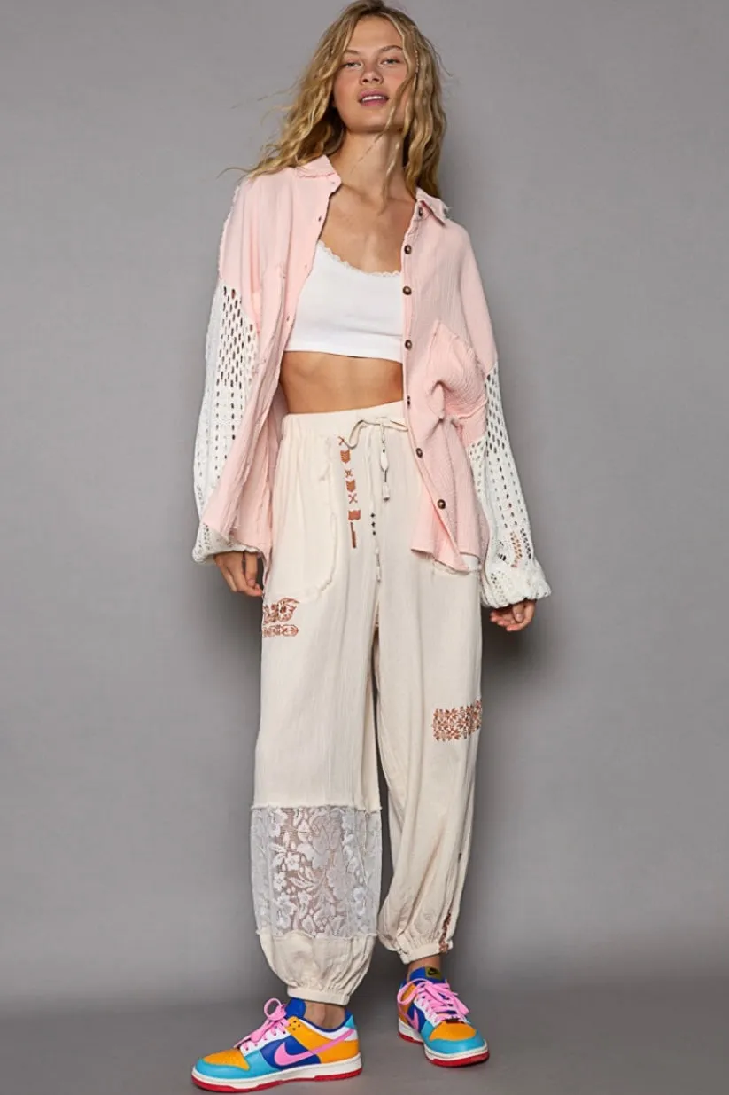 I’m So Fly Gauze   Lace Embroidered Slouchy Jogger Pants