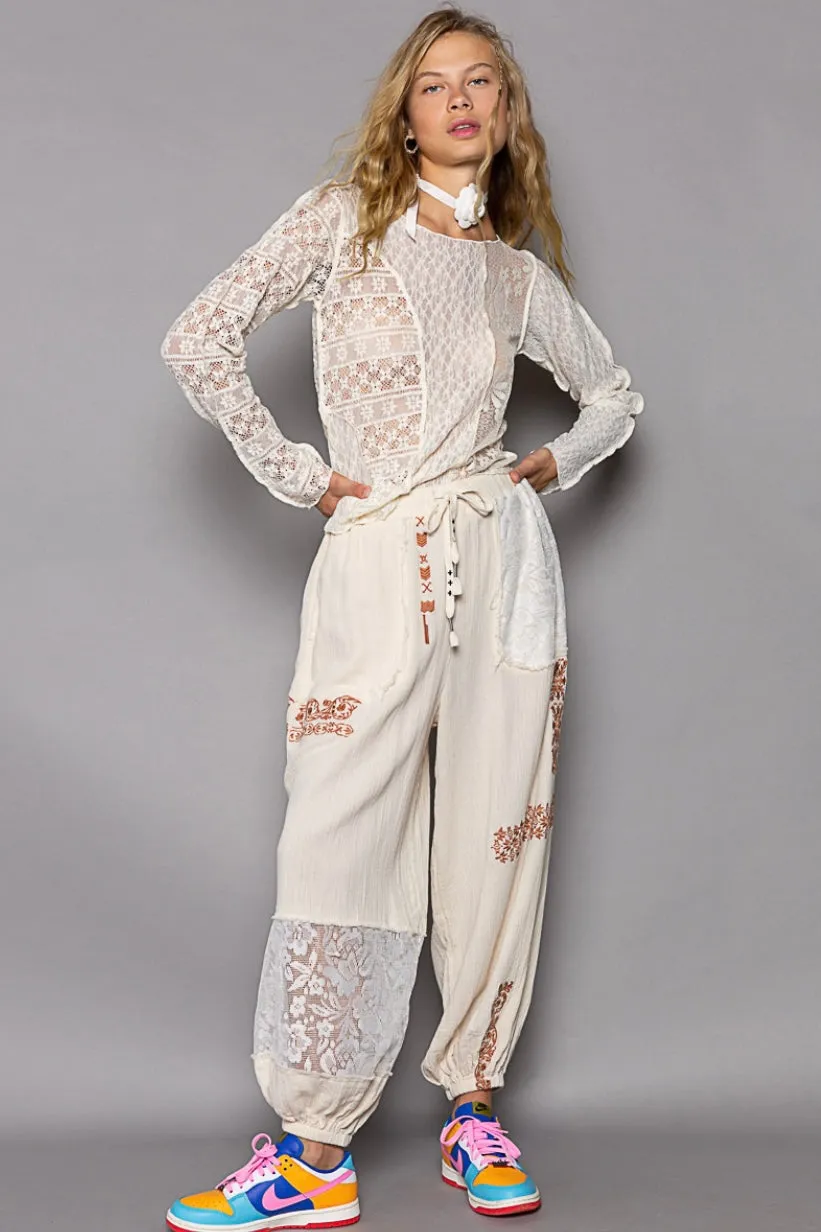 I’m So Fly Gauze   Lace Embroidered Slouchy Jogger Pants