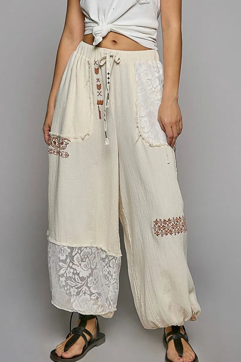 I’m So Fly Gauze   Lace Embroidered Slouchy Jogger Pants