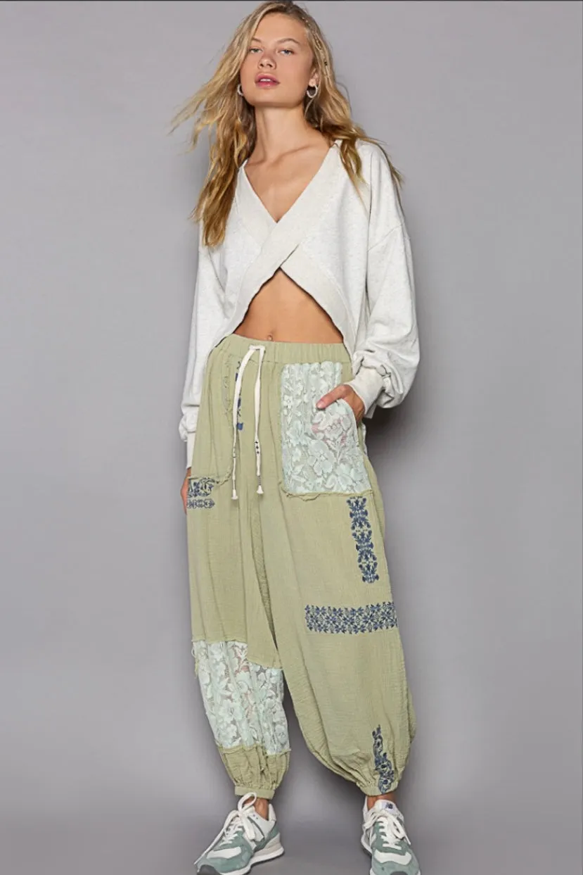 I’m So Fly Gauze   Lace Embroidered Slouchy Jogger Pants