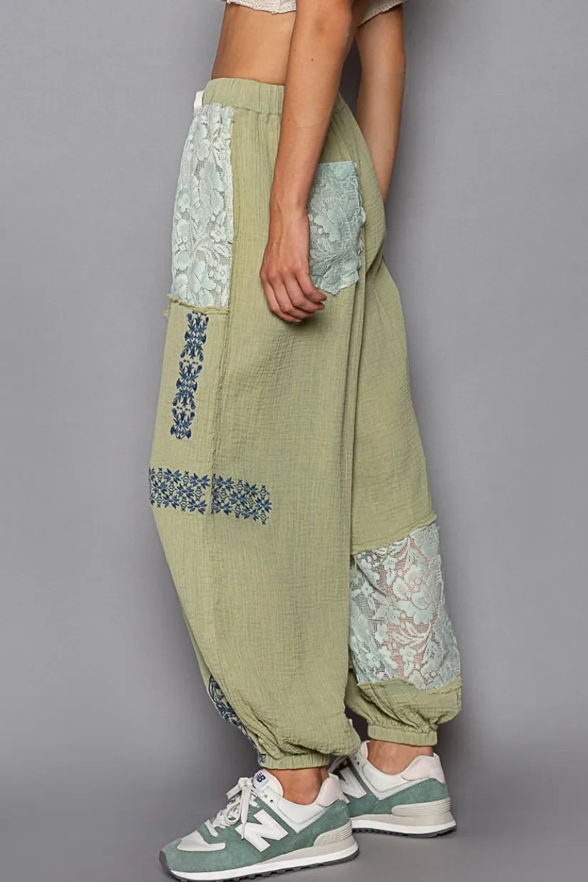 I’m So Fly Gauze   Lace Embroidered Slouchy Jogger Pants