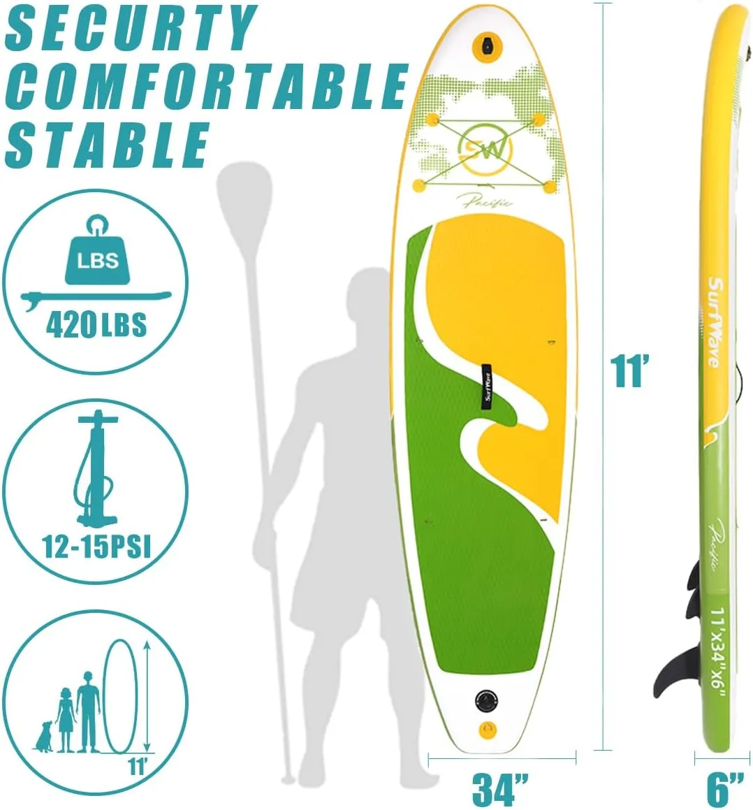 Inflatable Stand Up Paddle Board, 11'x34'' Wide Sup Board with Premium Accessories, Paddle and Pump, Carry Bag, Fin, Ankle Leash, Non-Slip Comfort Deck for Youth & Adults