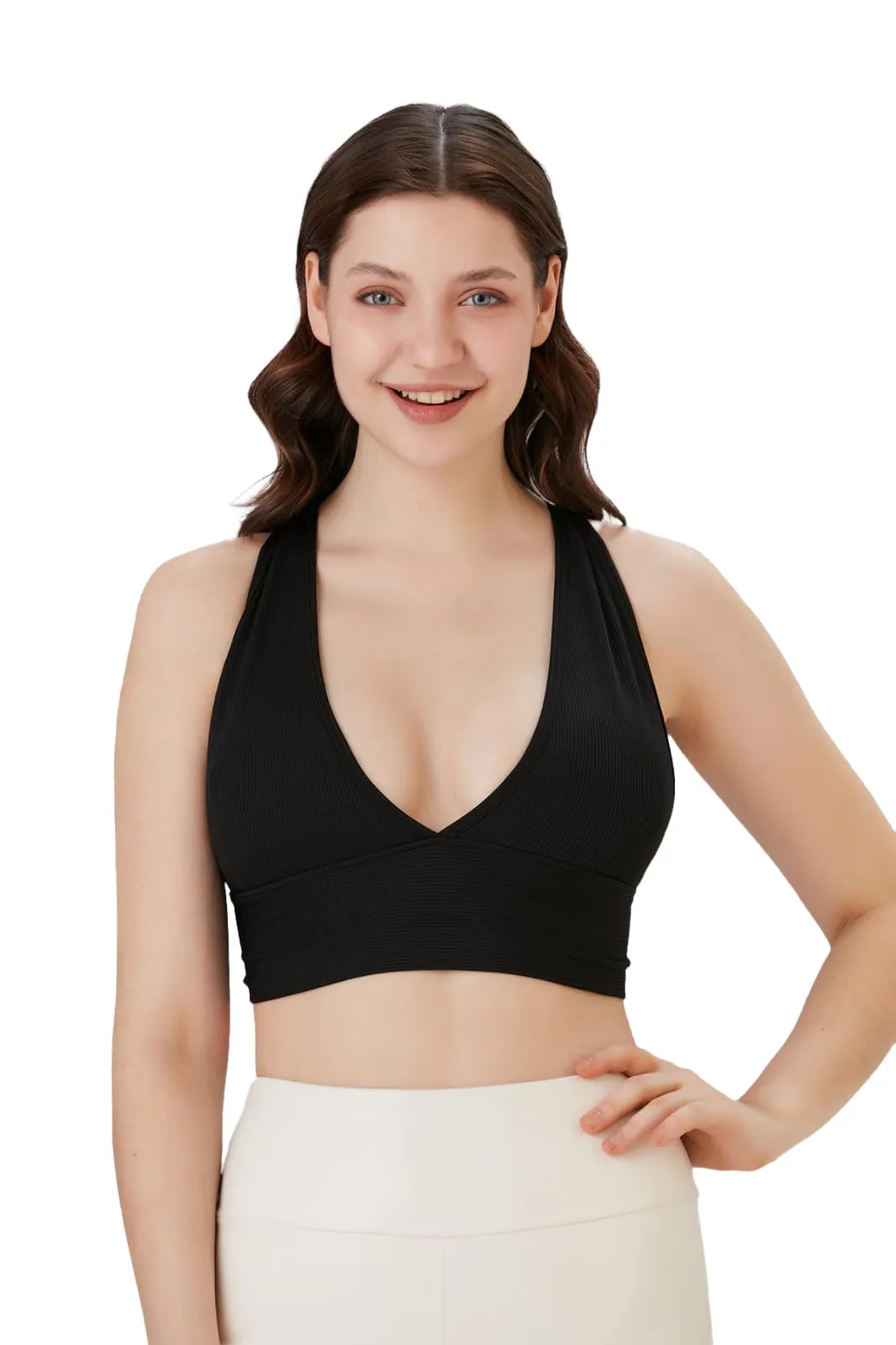 Juniors' and Women's Ultra Comfortable Soft Plunge Neck Top, Padded Workout Wear - Lightweight & Breathable Activewear