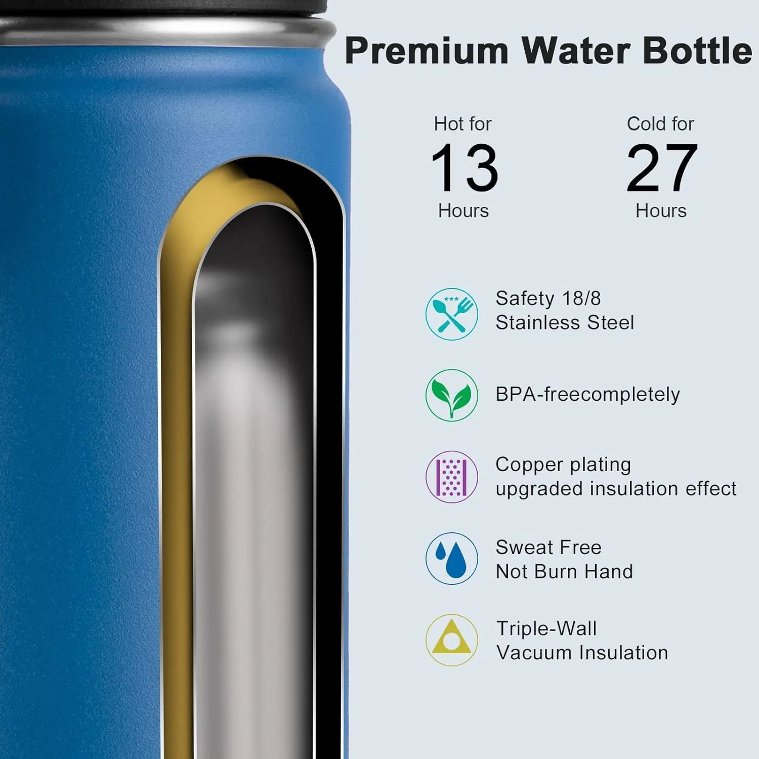 koodee Insulated Water Bottle, 32 oz Stainless Steel Double Wall Vacuum Wide Mouth Sport Bottle with Leakproof Spout Lid (Navy)