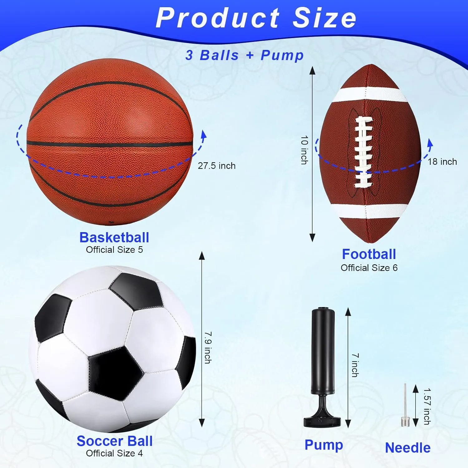 Libima 3 Pcs Sports Ball Set Include Official Size 5 Basketball 4 Soccer 6 Football with Pump and Carry Bag Gift Training