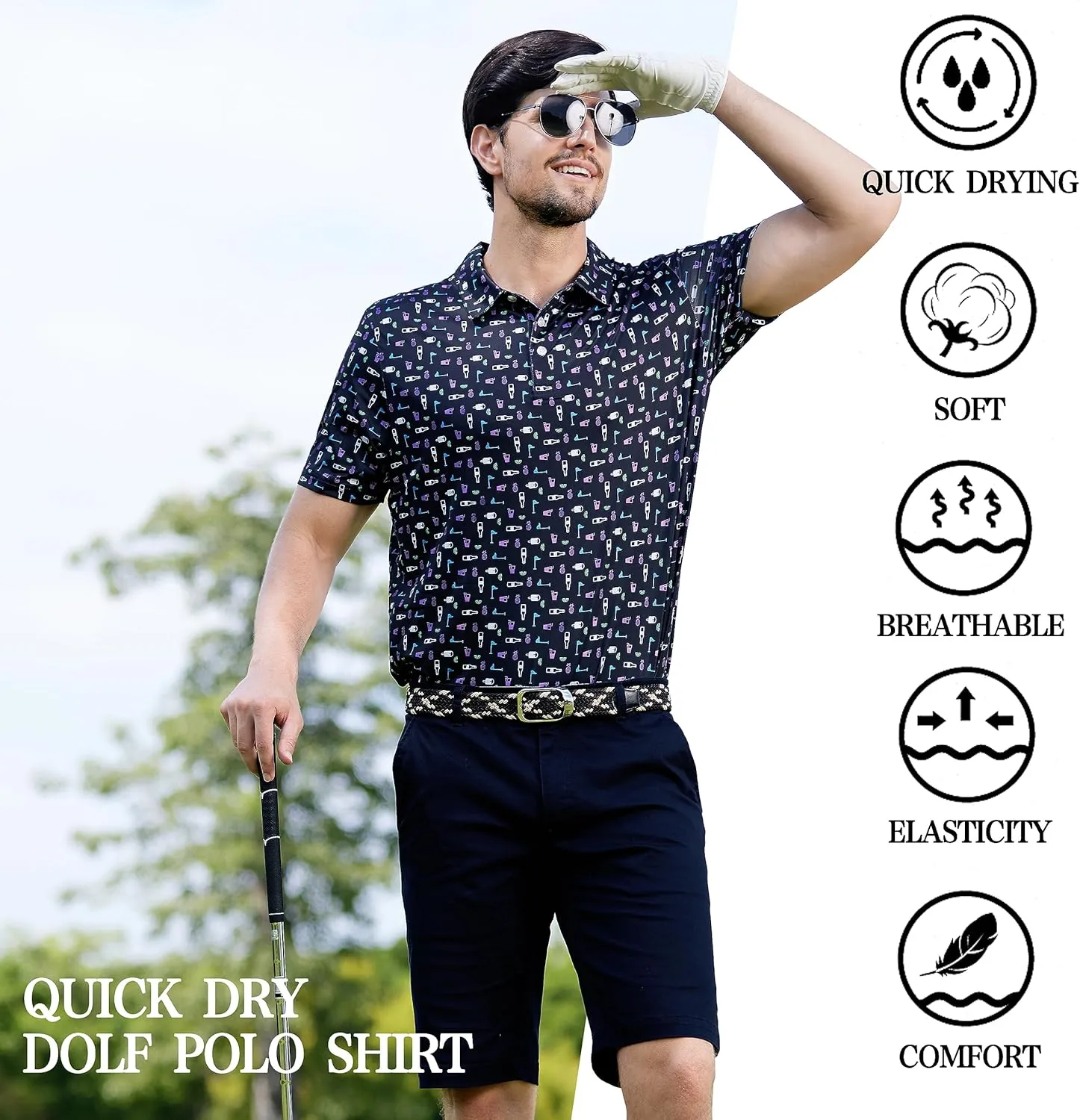 Mens Golf Shirt Moisture Wicking Dry Fit Print Performance Short Sleeve Polo Shirts for Men