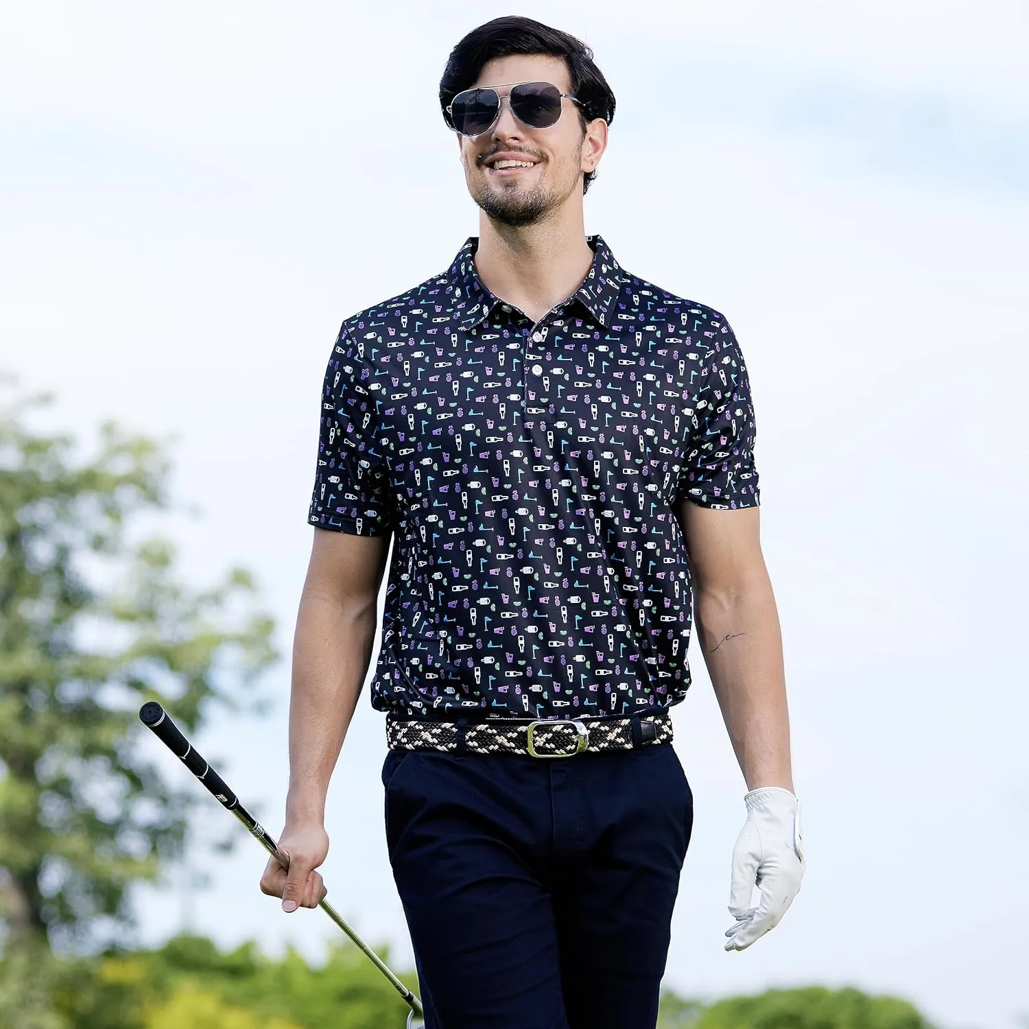 Mens Golf Shirt Moisture Wicking Dry Fit Print Performance Short Sleeve Polo Shirts for Men