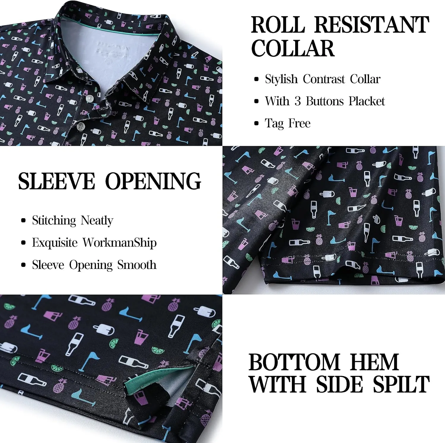 Mens Golf Shirt Moisture Wicking Dry Fit Print Performance Short Sleeve Polo Shirts for Men