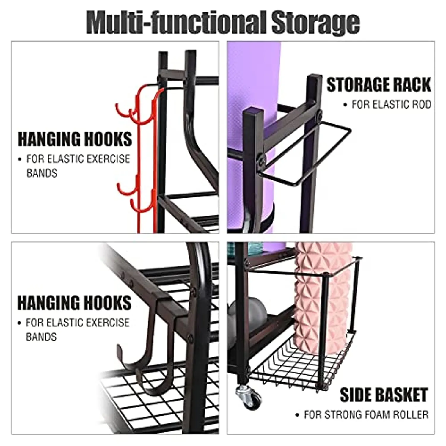 Mythinglogic Yoga Mat Storage Racks,Home Gym Storage Rack for Dumbbells Kettlebells Foam Roller, Yoga Strap and Resistance Bands, Workout Equipment Storage Organizer With Hooks and Wheels