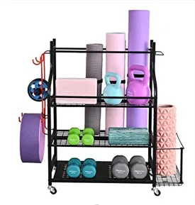 Mythinglogic Yoga Mat Storage Racks,Home Gym Storage Rack for Dumbbells Kettlebells Foam Roller, Yoga Strap and Resistance Bands, Workout Equipment Storage Organizer With Hooks and Wheels