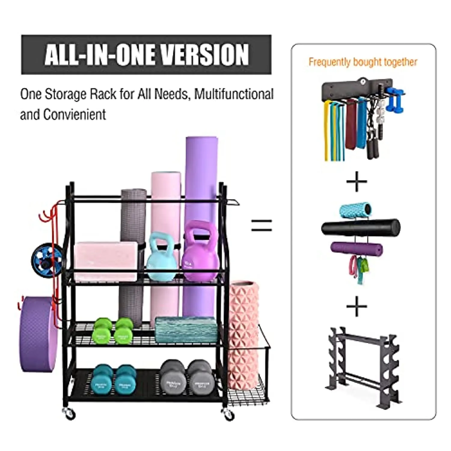 Mythinglogic Yoga Mat Storage Racks,Home Gym Storage Rack for Dumbbells Kettlebells Foam Roller, Yoga Strap and Resistance Bands, Workout Equipment Storage Organizer With Hooks and Wheels