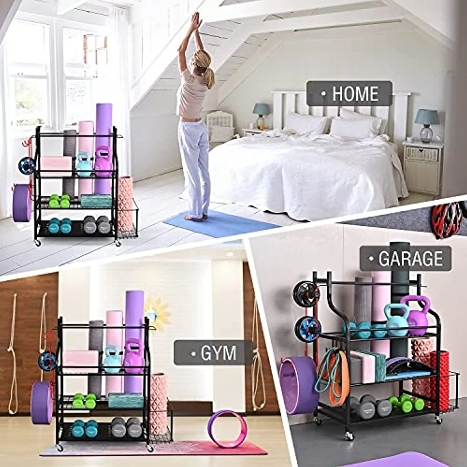 Mythinglogic Yoga Mat Storage Racks,Home Gym Storage Rack for Dumbbells Kettlebells Foam Roller, Yoga Strap and Resistance Bands, Workout Equipment Storage Organizer With Hooks and Wheels