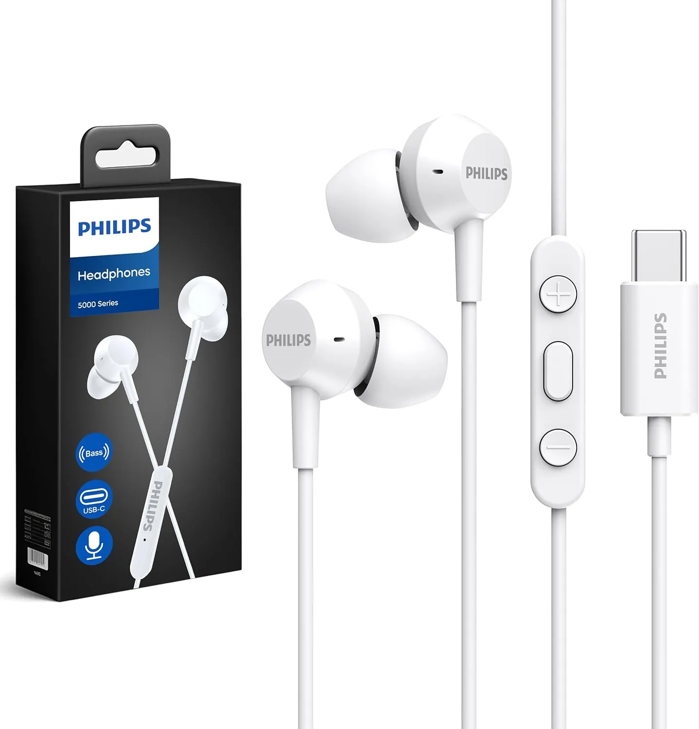 Philips USB C Earbuds Wired with Microphone, in Ear Type C Headphones with mic, Powerful Bass, Lightweight, USB-C Wired Earphones, 3-Button in-line Remote Ear Buds (White)