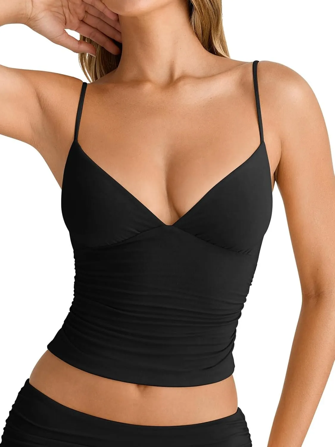 PINKMSTYLE Women's Sexy V Neck Ruched Cami Top Sleeveless Spaghetti Double Layer Fitted Crop Tank Tops