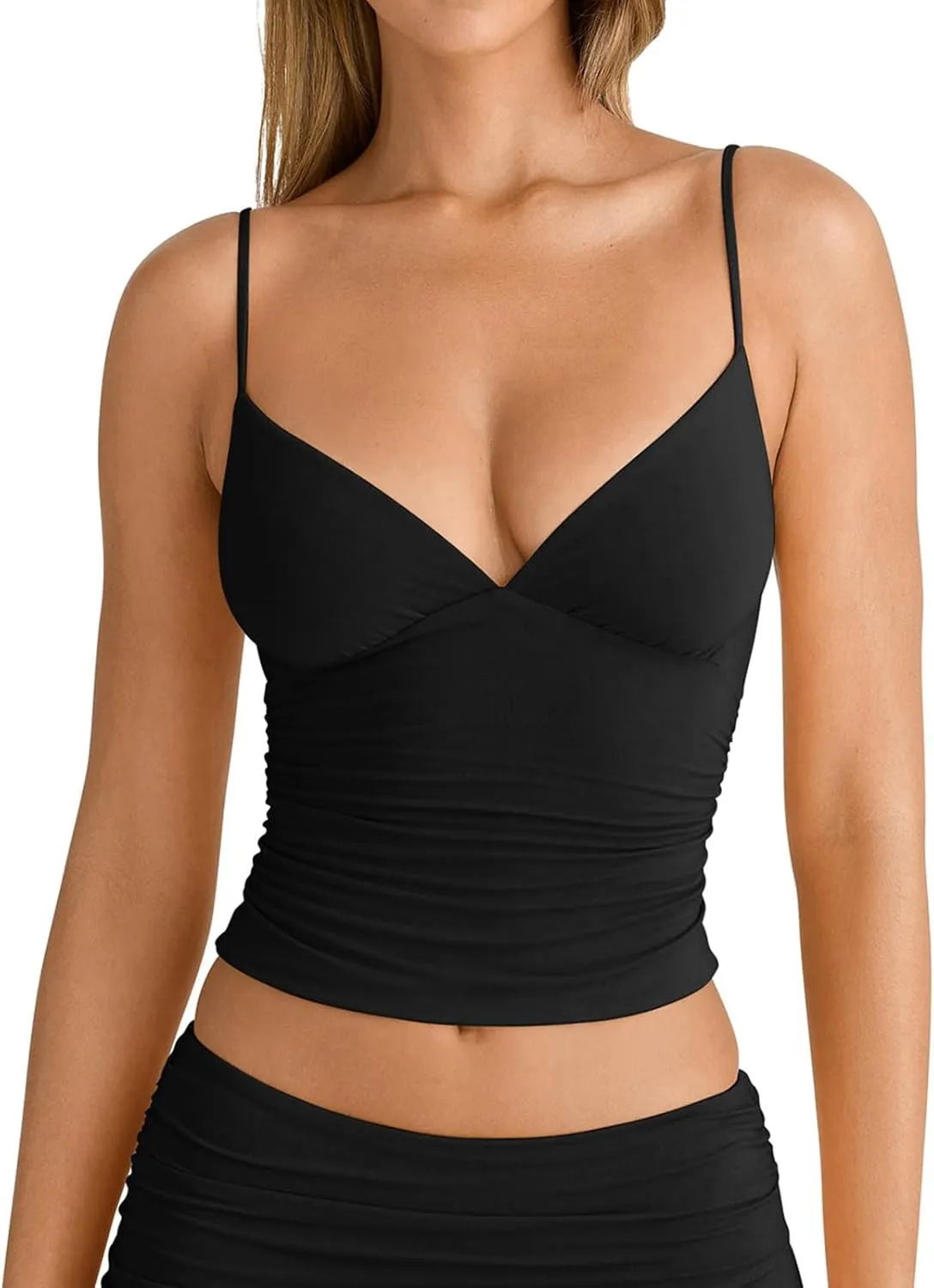 PINKMSTYLE Women's Sexy V Neck Ruched Cami Top Sleeveless Spaghetti Double Layer Fitted Crop Tank Tops