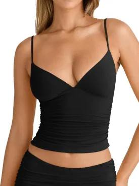 PINKMSTYLE Women's Sexy V Neck Ruched Cami Top Sleeveless Spaghetti Double Layer Fitted Crop Tank Tops