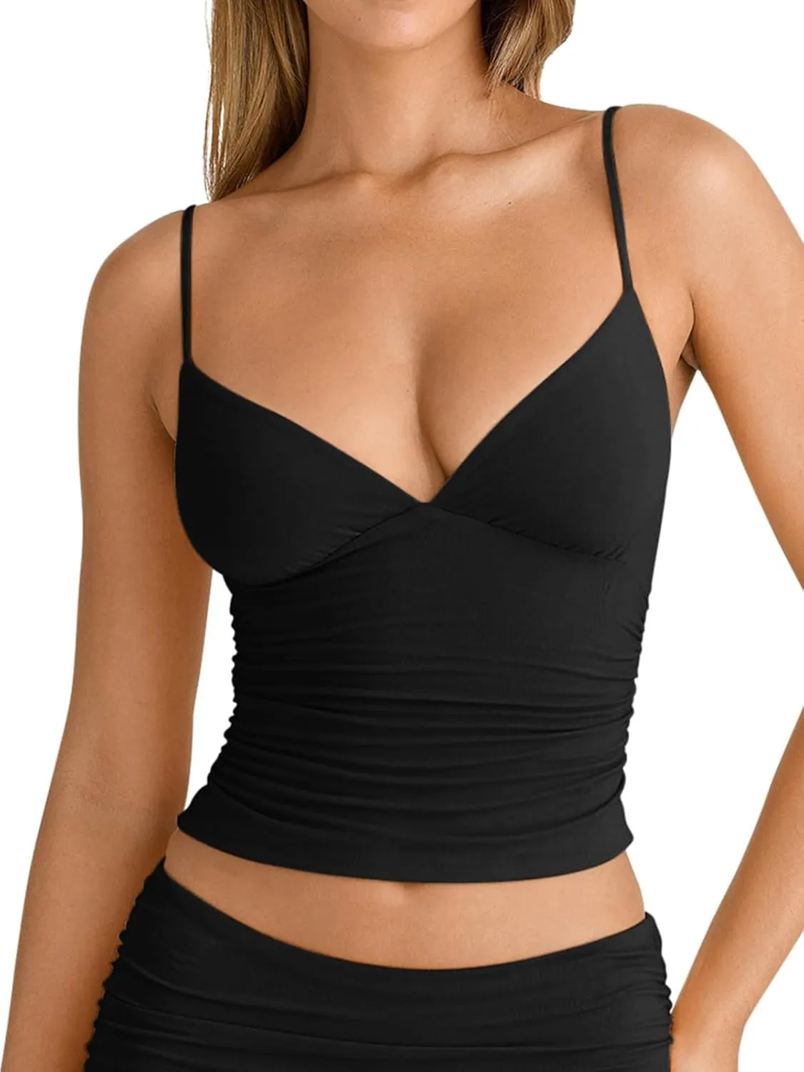 PINKMSTYLE Women's Sexy V Neck Ruched Cami Top Sleeveless Spaghetti Double Layer Fitted Crop Tank Tops