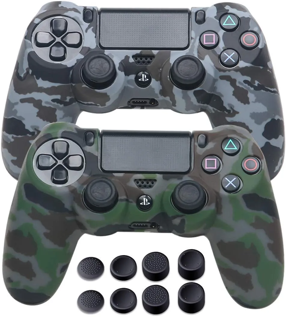 PS4 Controller Covers - Silicone Skin for DualShock 4 - Water Printed Protector Case Set for Sony PS4, PS4 Slim, PS4 Pro - 2 Pack Camo PS4 Accessories- 4 Pairs PS4 Controller Grips - Gray & Green