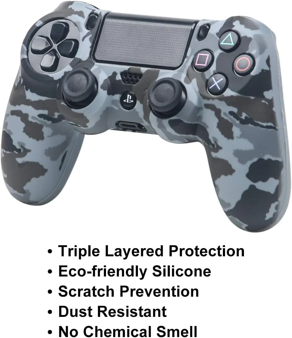 PS4 Controller Covers - Silicone Skin for DualShock 4 - Water Printed Protector Case Set for Sony PS4, PS4 Slim, PS4 Pro - 2 Pack Camo PS4 Accessories- 4 Pairs PS4 Controller Grips - Gray & Green