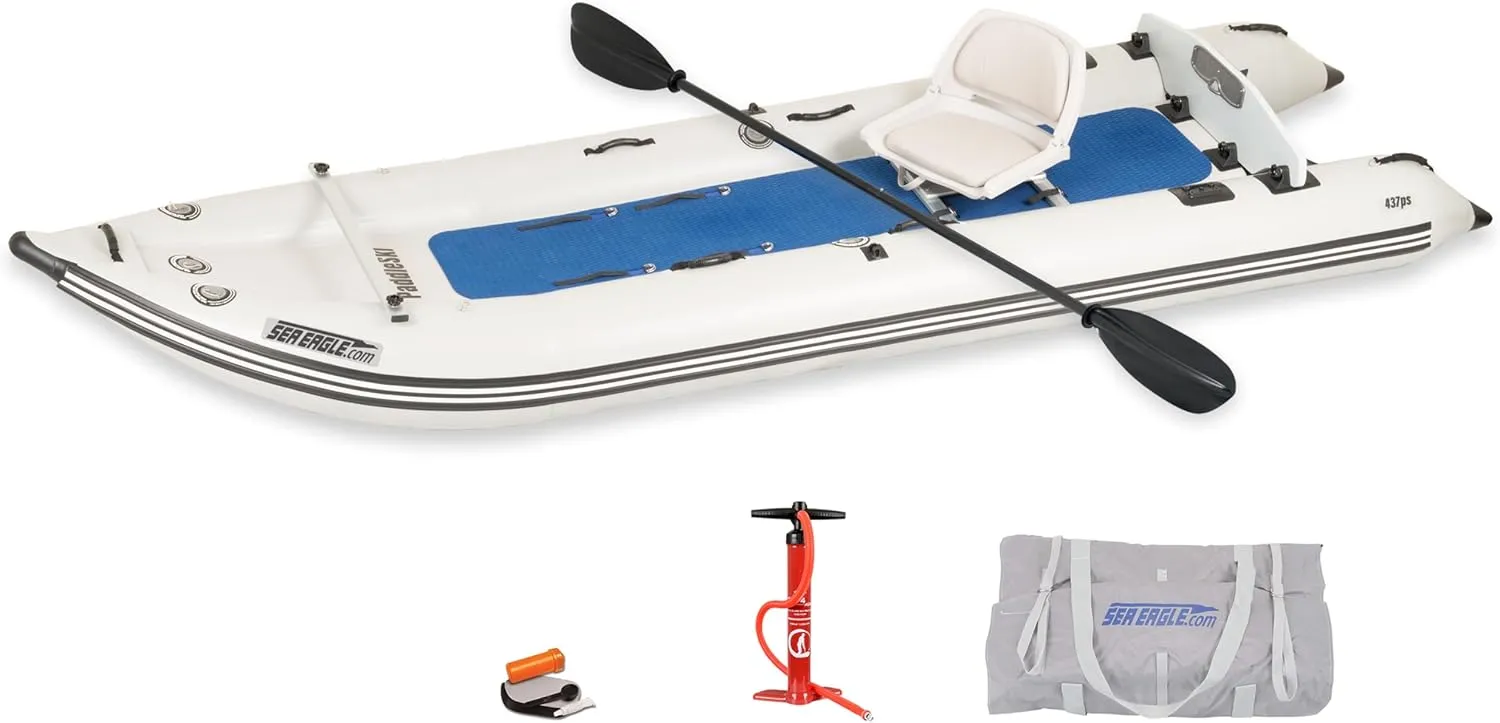 Sea Eagle 437ps PaddleSki Inflatable 1-2 Person Catamaran Boat  Paddle, Motor, Fish, or Sail  4-in-1 Inflatable Watercraft  Self Bailing
