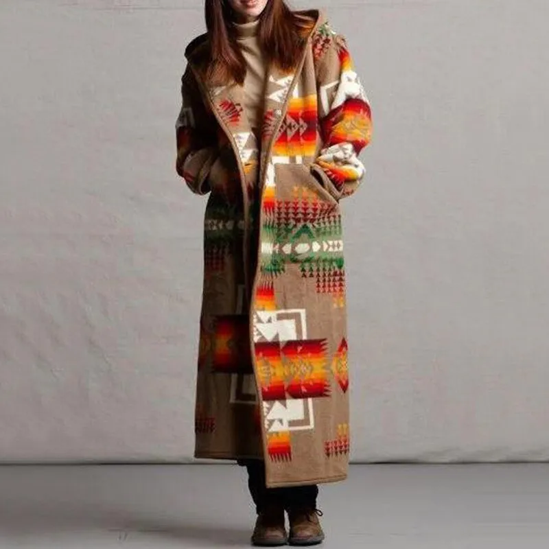 Women Elegant Geometric Print Hooded Coats Fashion Button Pocket Warm Long Cardigan Mujer Autumn Winter Vintage Overcoat Trench