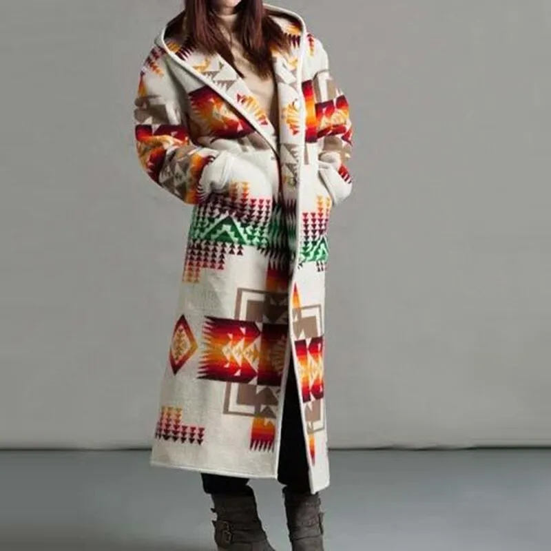 Women Elegant Geometric Print Hooded Coats Fashion Button Pocket Warm Long Cardigan Mujer Autumn Winter Vintage Overcoat Trench