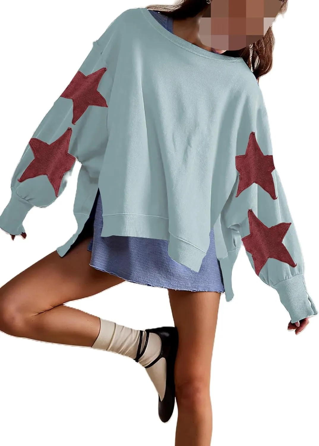 Womens Oversized Crewneck Sweatshirt Y2k Striped Star Long Sleeve Side Slit Pullover Sweatshirt Teen Girl Aesthetic