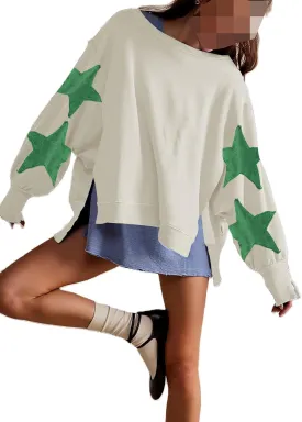 Womens Oversized Crewneck Sweatshirt Y2k Striped Star Long Sleeve Side Slit Pullover Sweatshirt Teen Girl Aesthetic