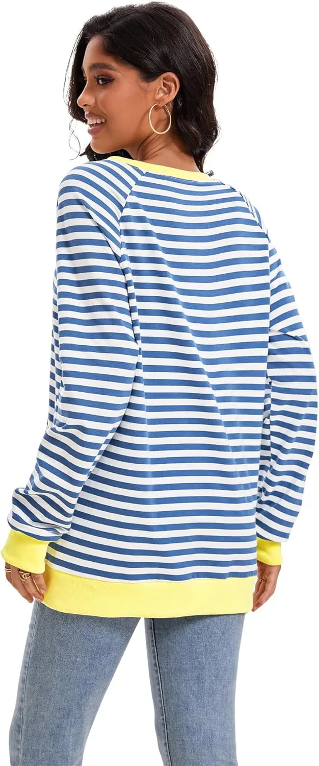 Womens Striped Color Block Sweatshirt Oversized Side Slit Crew Neck Loose Shirts Long Sleeve Pullover Tops 2025 Trendy