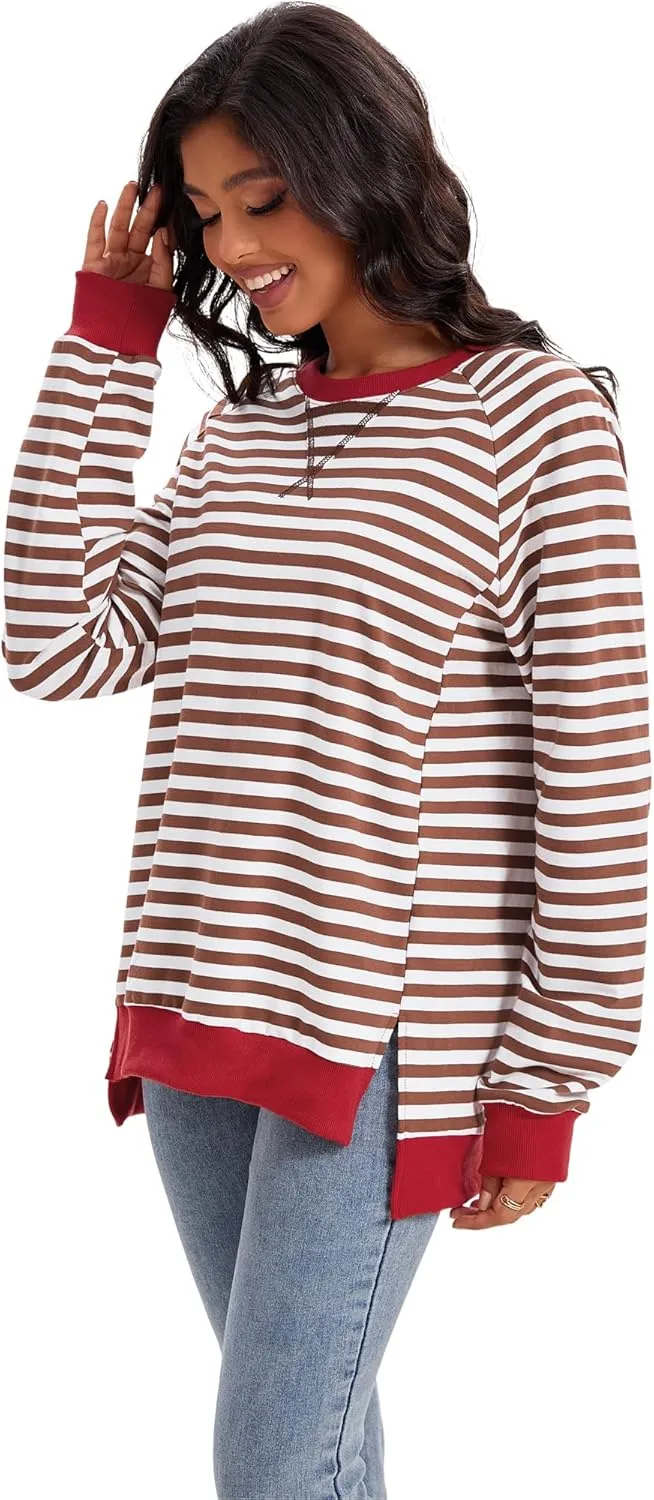 Womens Striped Color Block Sweatshirt Oversized Side Slit Crew Neck Loose Shirts Long Sleeve Pullover Tops 2025 Trendy