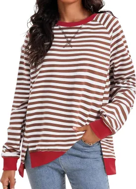 Womens Striped Color Block Sweatshirt Oversized Side Slit Crew Neck Loose Shirts Long Sleeve Pullover Tops 2025 Trendy