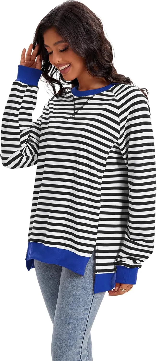 Womens Striped Color Block Sweatshirt Oversized Side Slit Crew Neck Loose Shirts Long Sleeve Pullover Tops 2025 Trendy