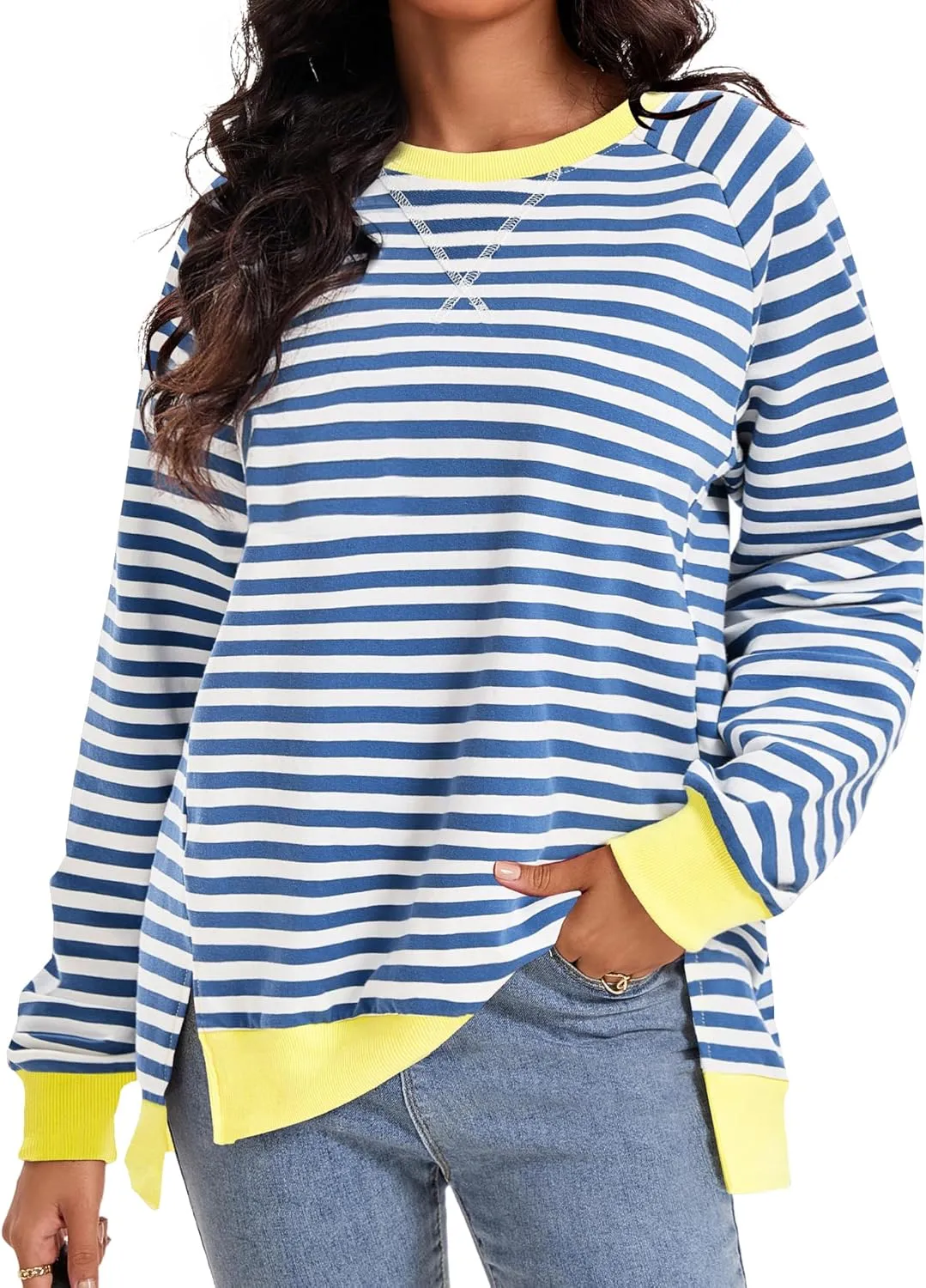 Womens Striped Color Block Sweatshirt Oversized Side Slit Crew Neck Loose Shirts Long Sleeve Pullover Tops 2025 Trendy