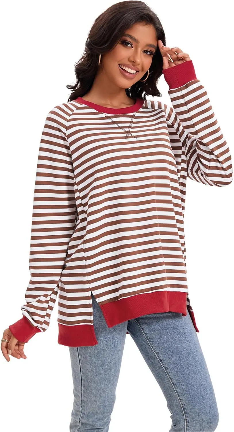 Womens Striped Color Block Sweatshirt Oversized Side Slit Crew Neck Loose Shirts Long Sleeve Pullover Tops 2025 Trendy