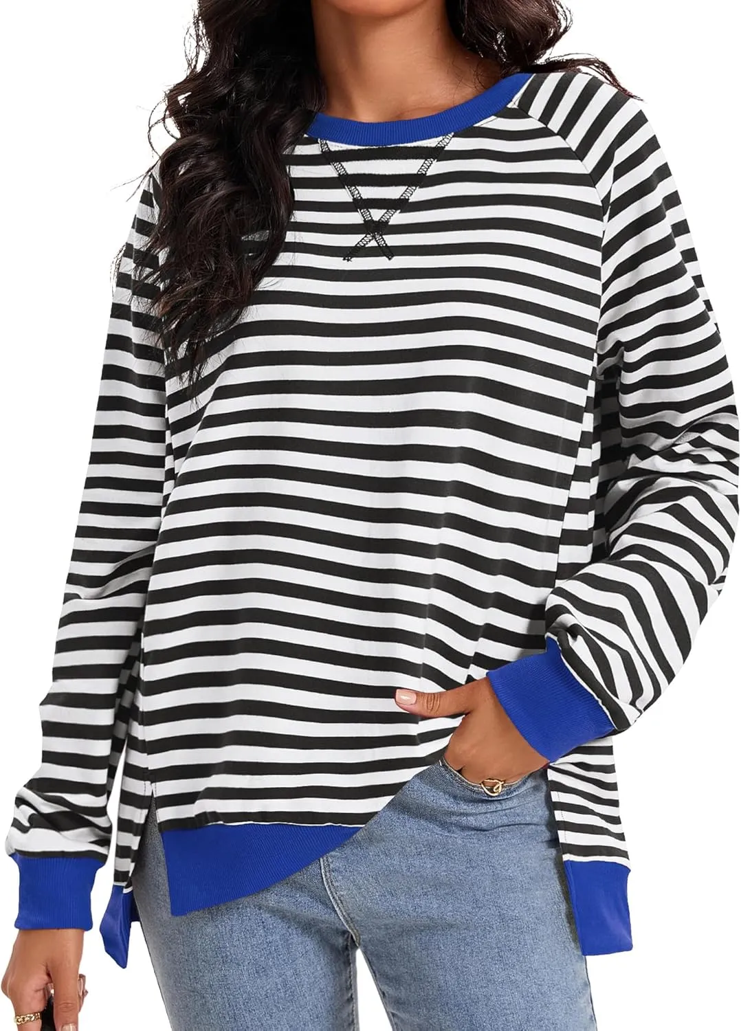 Womens Striped Color Block Sweatshirt Oversized Side Slit Crew Neck Loose Shirts Long Sleeve Pullover Tops 2025 Trendy
