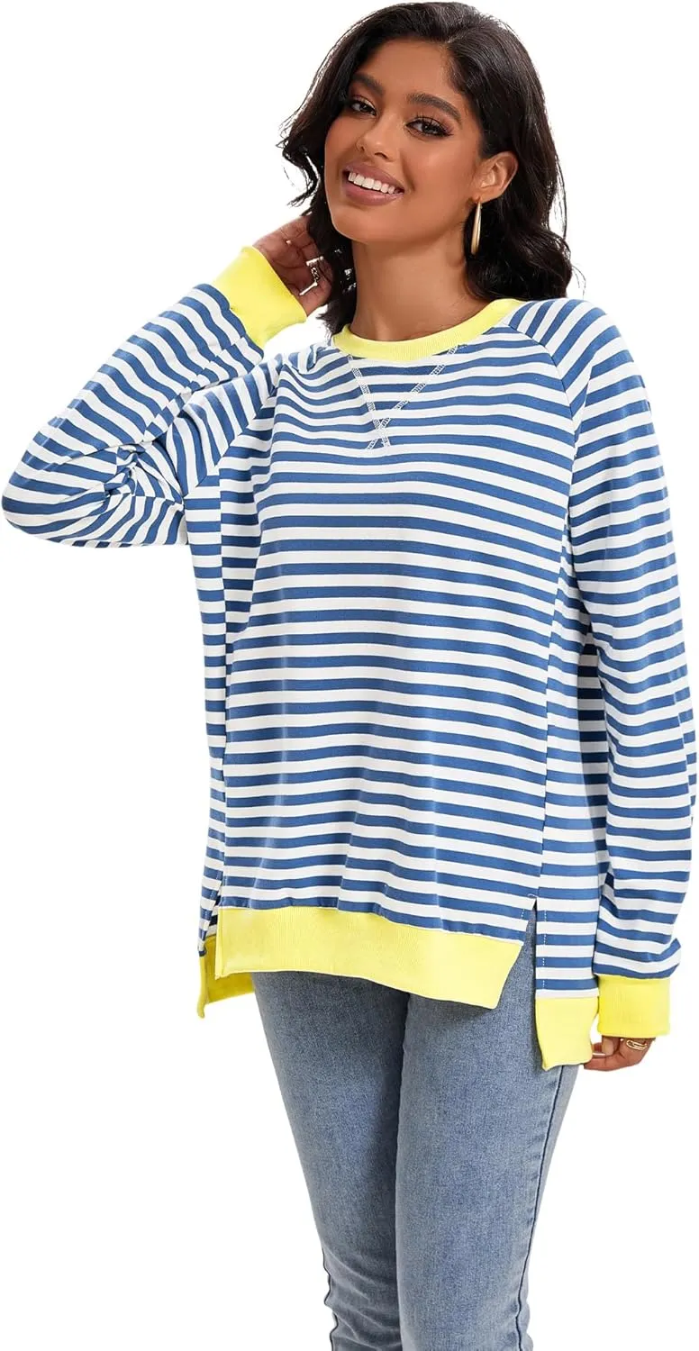 Womens Striped Color Block Sweatshirt Oversized Side Slit Crew Neck Loose Shirts Long Sleeve Pullover Tops 2025 Trendy