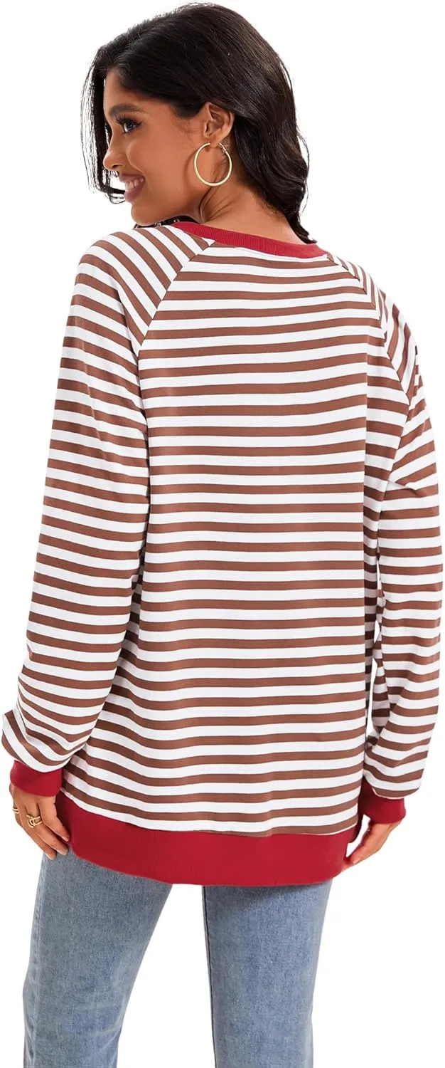 Womens Striped Color Block Sweatshirt Oversized Side Slit Crew Neck Loose Shirts Long Sleeve Pullover Tops 2025 Trendy