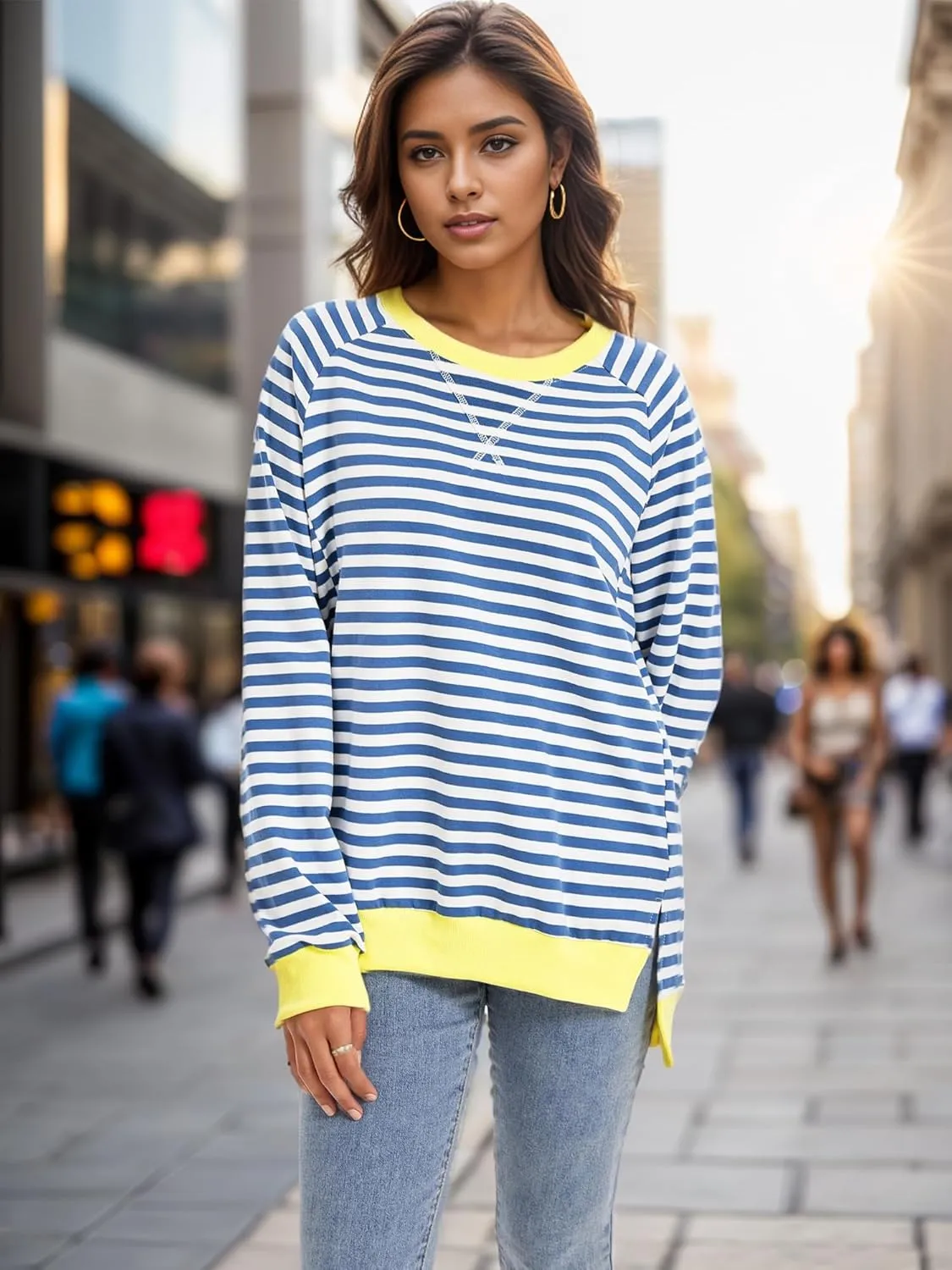 Womens Striped Color Block Sweatshirt Oversized Side Slit Crew Neck Loose Shirts Long Sleeve Pullover Tops 2025 Trendy