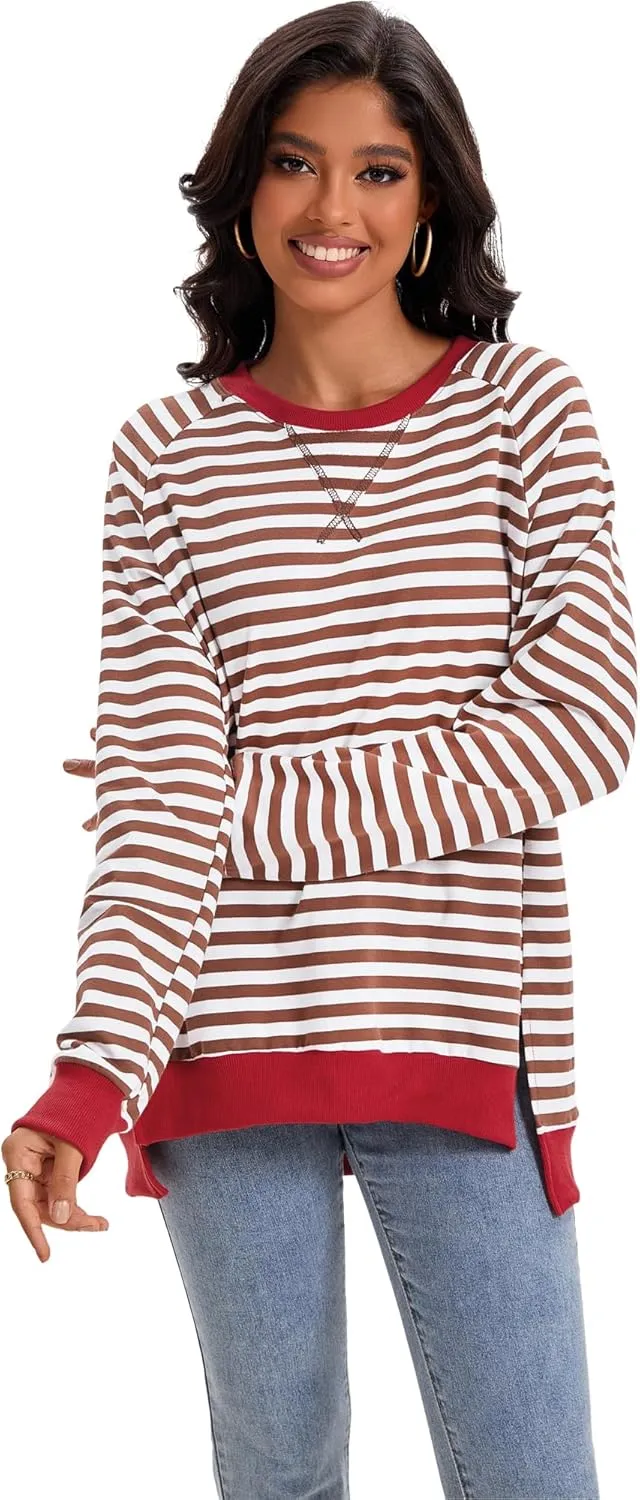 Womens Striped Color Block Sweatshirt Oversized Side Slit Crew Neck Loose Shirts Long Sleeve Pullover Tops 2025 Trendy