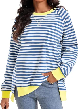 Womens Striped Color Block Sweatshirt Oversized Side Slit Crew Neck Loose Shirts Long Sleeve Pullover Tops 2025 Trendy