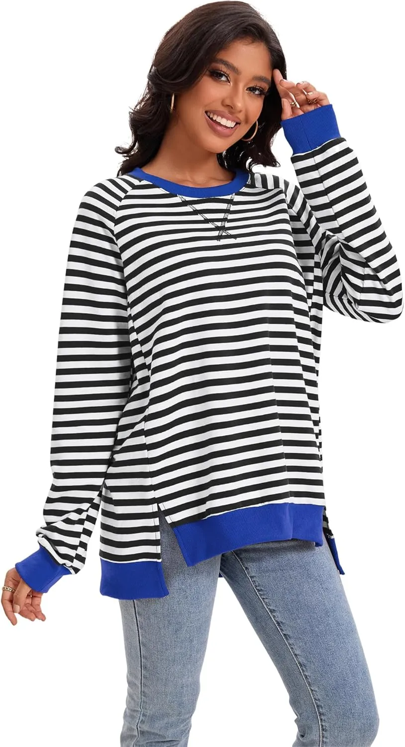 Womens Striped Color Block Sweatshirt Oversized Side Slit Crew Neck Loose Shirts Long Sleeve Pullover Tops 2025 Trendy