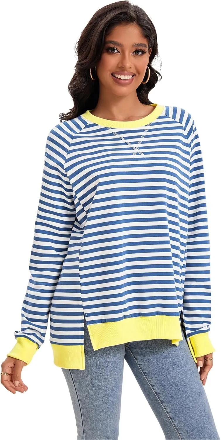 Womens Striped Color Block Sweatshirt Oversized Side Slit Crew Neck Loose Shirts Long Sleeve Pullover Tops 2025 Trendy
