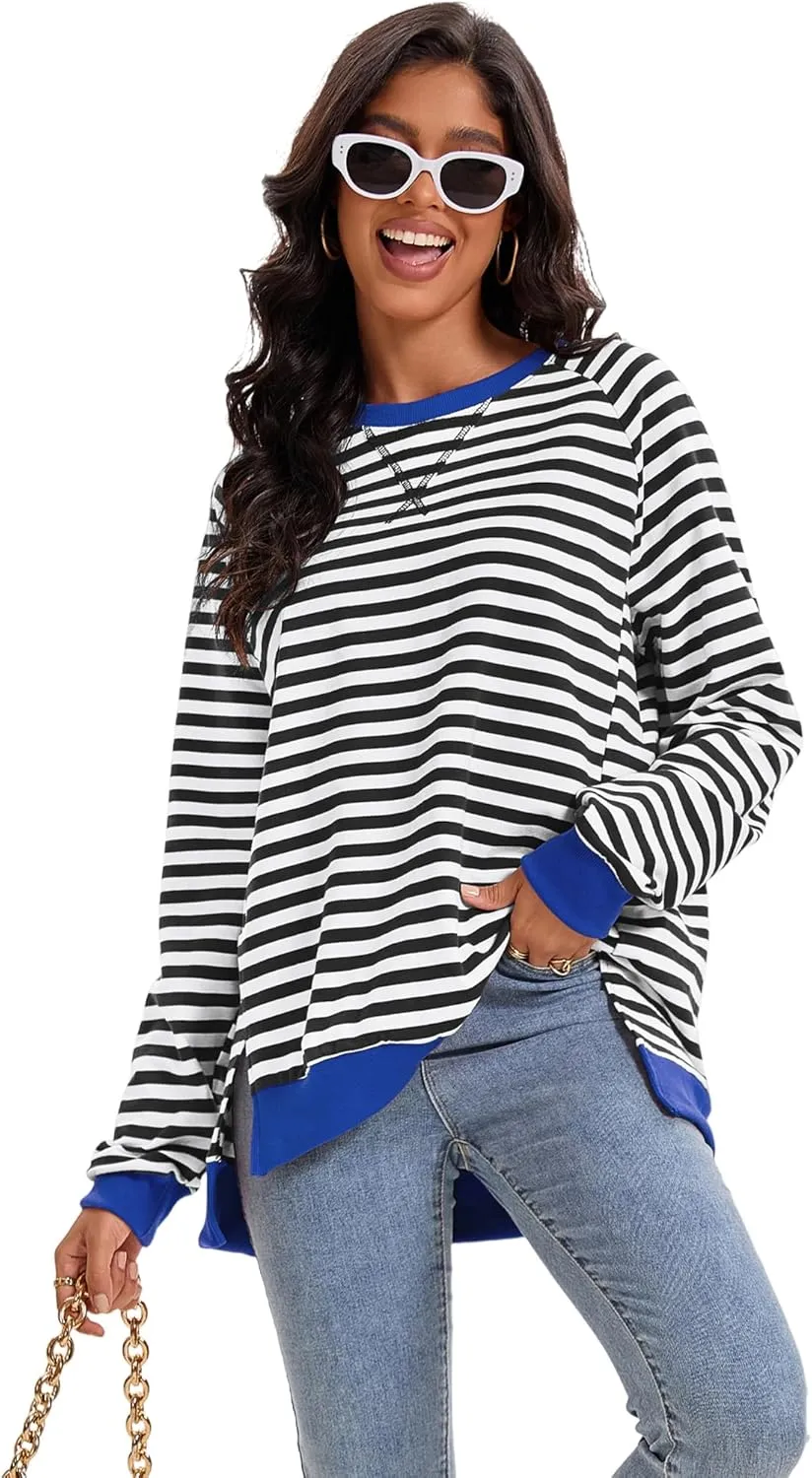 Womens Striped Color Block Sweatshirt Oversized Side Slit Crew Neck Loose Shirts Long Sleeve Pullover Tops 2025 Trendy