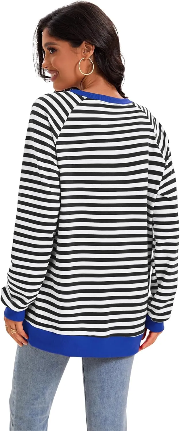 Womens Striped Color Block Sweatshirt Oversized Side Slit Crew Neck Loose Shirts Long Sleeve Pullover Tops 2025 Trendy